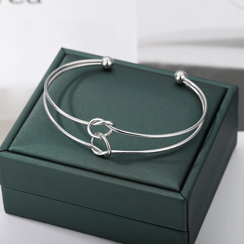 

Double Loop Opening Bracelet Bangles For Women Girls Simple Handmade Sliver Color Knotted Bracelets Cuff Bangle Jewelry Gift