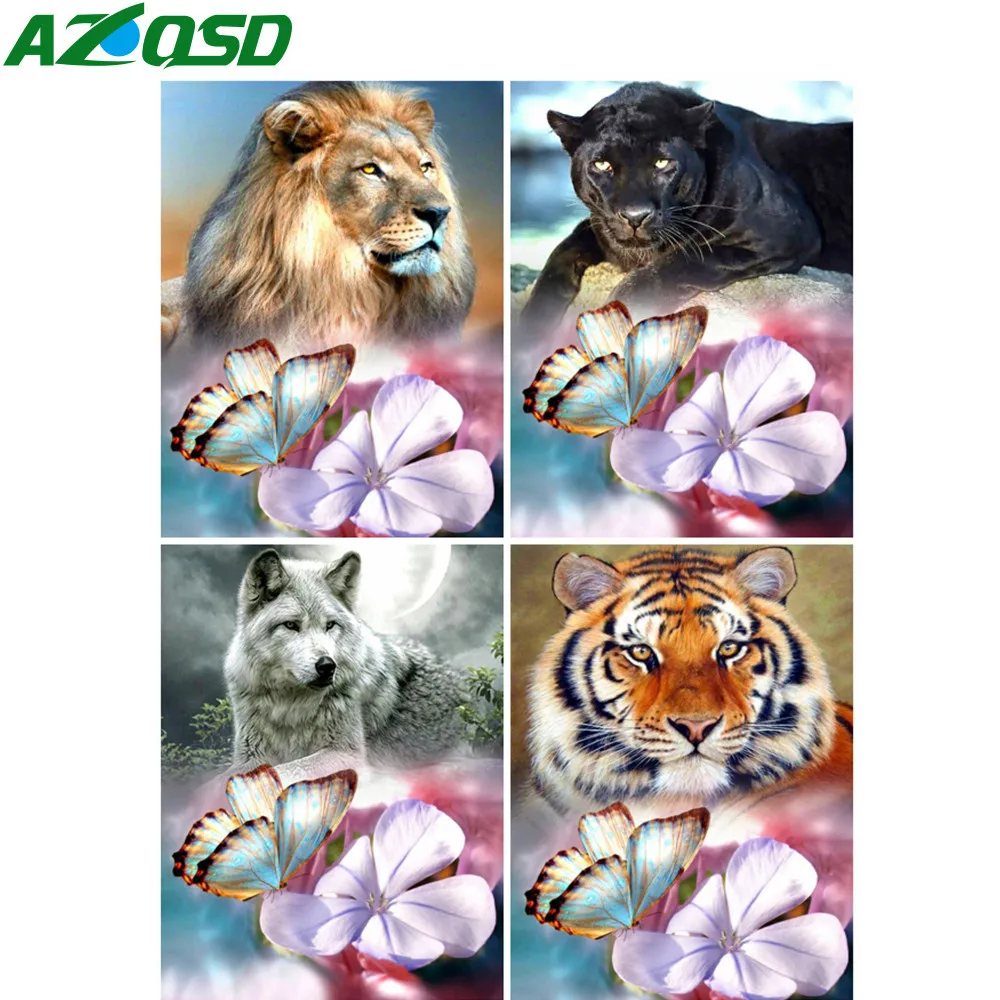 

AZQSD Diamond Embroidery Wolf Tiger Lion Flower Mosaic Rhinestones Diamond Painting Animal Cross Stitch Needlework Home Decor