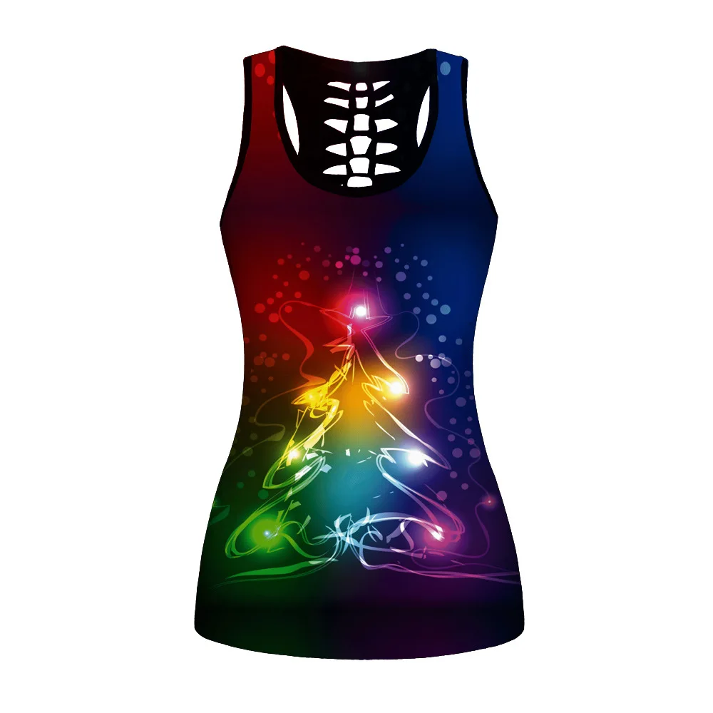 

Womens Over Printed Yoga Suit Christmas Snowman Elk Christmas Tree 3D Printing Hollow Tank Top Vest Sleeveless Loose Hollow Vest
