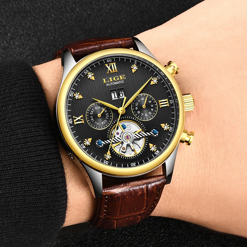 LIGE Брендовые мужские часы автоматические механические часы Tourbillon спортивные часы кожаные повседневные деловые часы в ретро-стиле Relojes Hombre