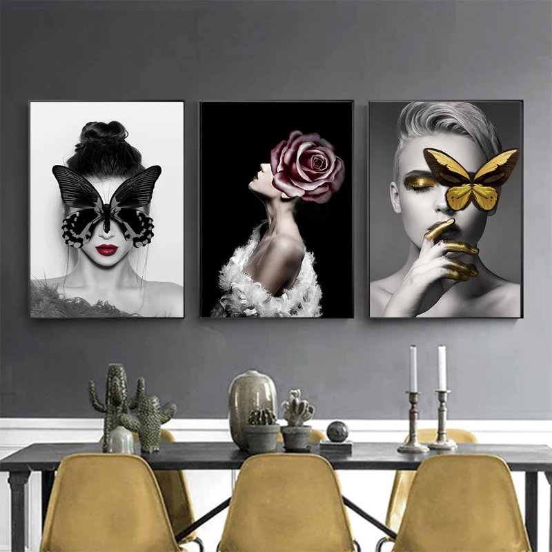 Девушка Бабочка стена искусство Цветы Картина с цитатами на холсте Пейзаж