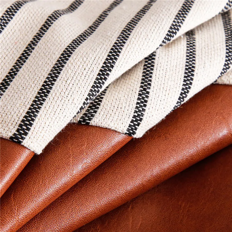 YokiSTG PU Leather Cushion Covers For Sofa Bed Car Seat Brown Linen Stripe Decorative Pillowcases Luxurious Throw Pillow Home | Дом и сад