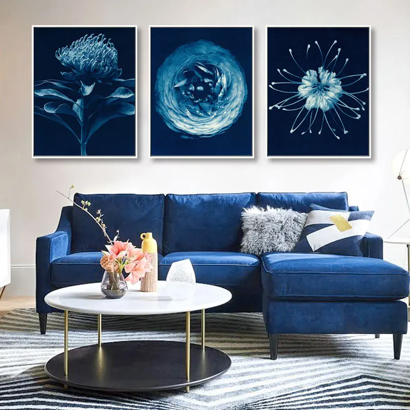 

Nordic Blue Flower Leaf Poster and Print Abstract Wall Art Canvas Painting Modern Wall Pictures for Living Room Home Decor