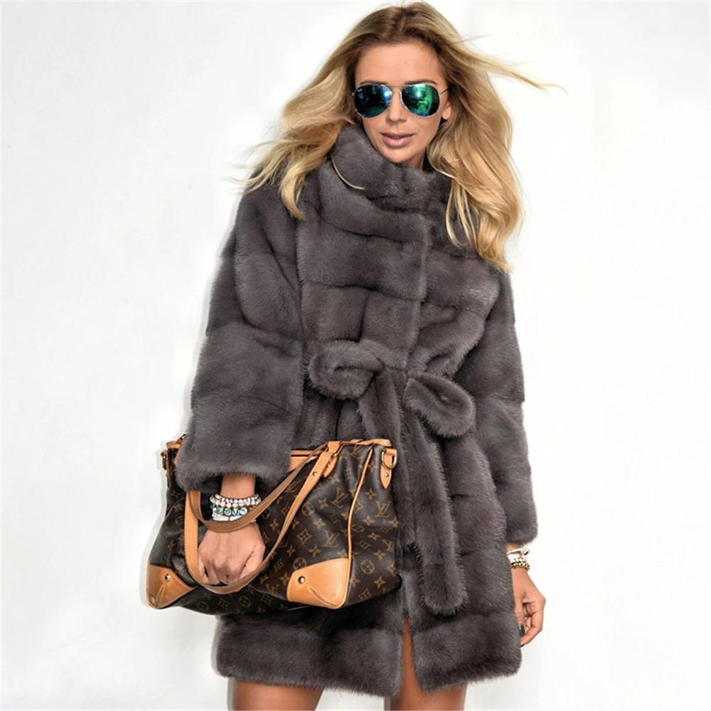Новая модная темно-серая норковая шуба TOPFUR с меховым воротником средней тонкости