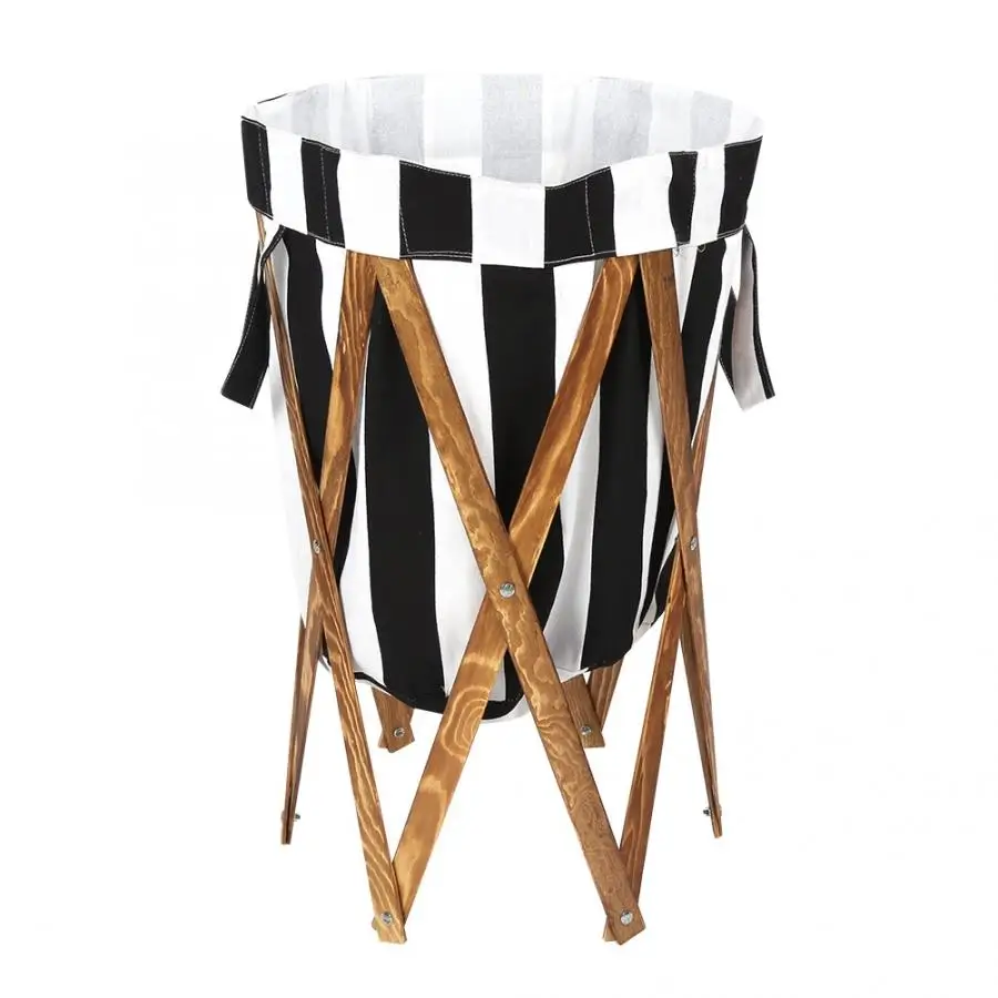 Stripe Foldable Laundry Hamper Basket with Wooden Frame Dirty Clothes Bag for Home Use - Цвет: Stripe
