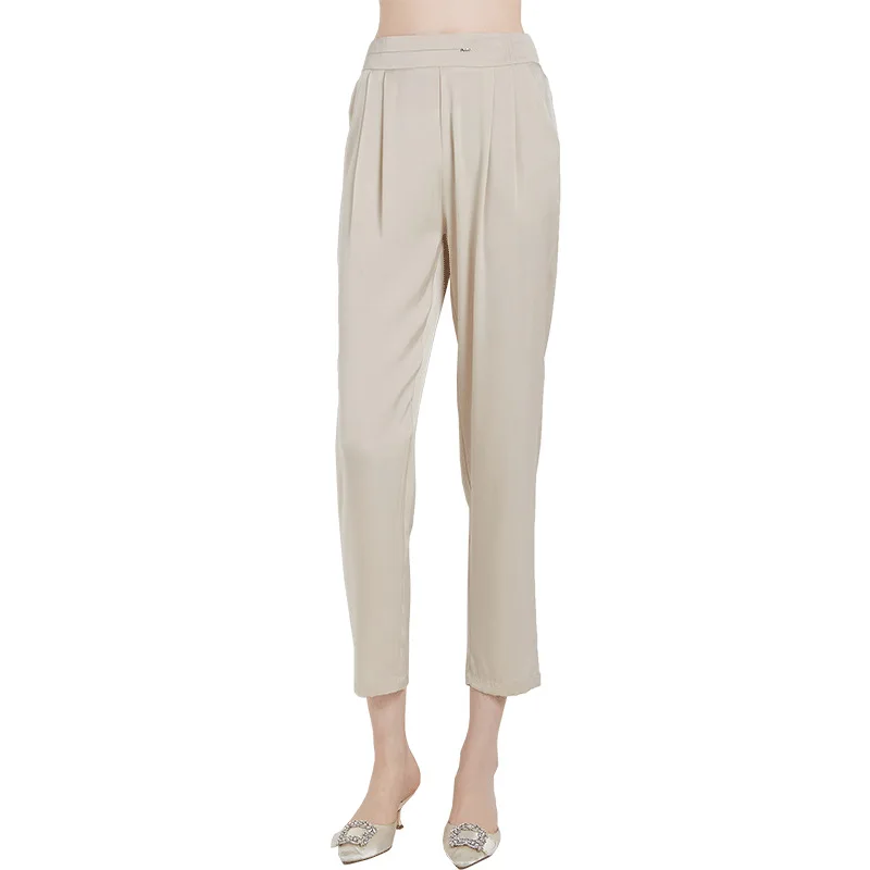 Mulberry Silk Harlan pants women summer elastic waist casual pants mulberry silk ankle-length trousers summer 20125