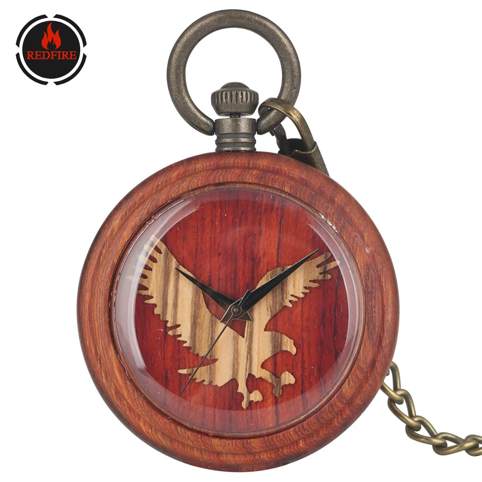 

REDFIRE Creative Arts Wooden Flying Eagle Design Quartz Pocket Watch Full Wood Pendant Vintage Fashion Pocket Clock Fob Chain