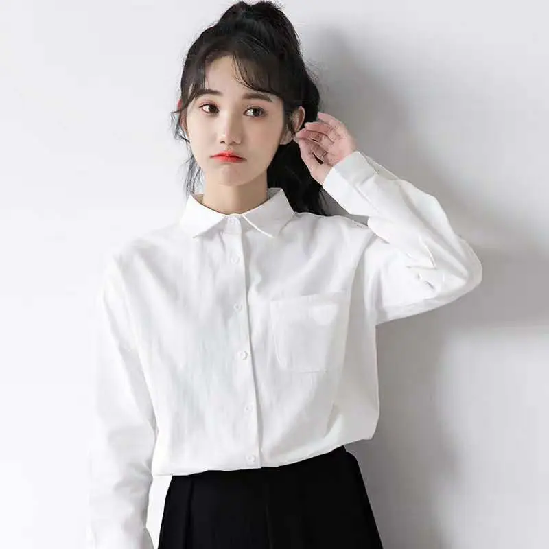 2021 New Spring Autumn Women Elegant Solid Single Breasted Blouses Female OL Style Soft White Cptton Long Sleeve Tops Shirt M117