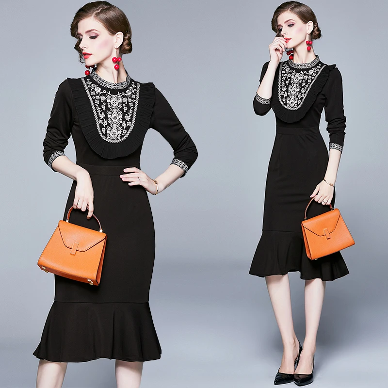 Trytree/2019 осеннее женское Повседневное платье с круглым вырезом и оборками Вышитое