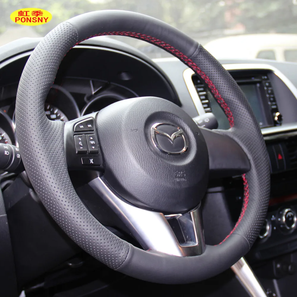 

PONSNY Gear/Handbrake/Steering Genuine Leather Covers Case for Mazda CX-4 CX-5 Axela Mazda 6 Atenza 2014-2017 Hand-stitched Cove