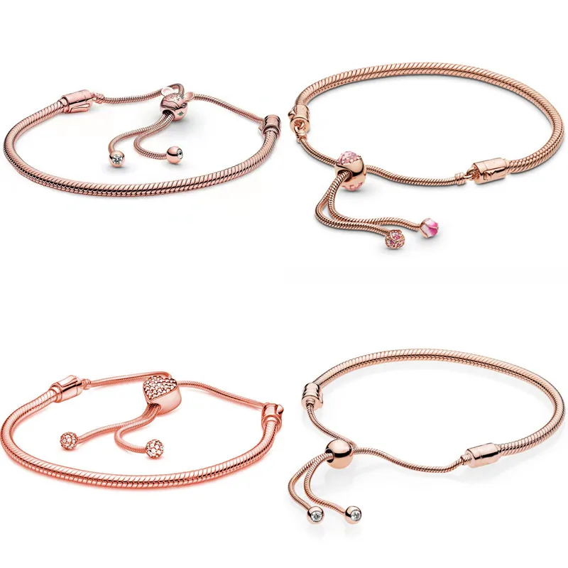 

Original Rose Gold Castle peach blossom Pave Heart Snake Chain Bracelet Fit Pandora 925 Sterling Silver Bead Charm DIY Jewelry