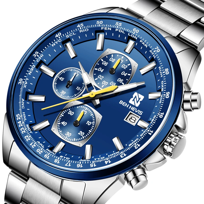 

Мужские кварцевые часы Бен-невирас, модные синие, серебристые наручные часы из нержавеющей стали с календарем, деловые часы, мужские часы