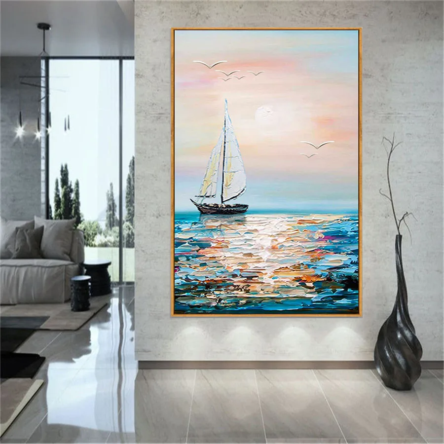 

100% Hand-Painted Oil Paintings Modern Abstract Wall Art Decor Painting Living Room Corridor Murals Ocean Sunset Sailing Waves