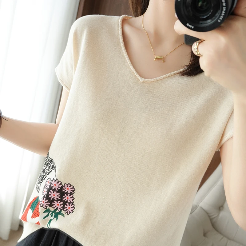 

Lafarvie Summer Cotton Women T Shirt Blue Tops V Neck Short Sleeve Tees Plant Casual Female Clothing 2021 New Arrival Oversized