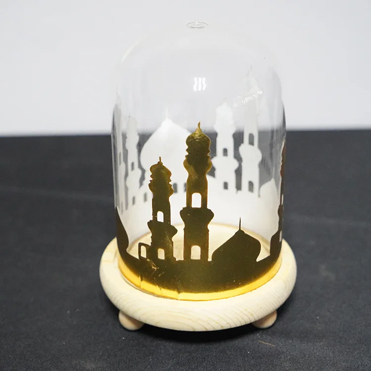 

New Ramadan Mosque night light glass cover wooden base without shipping 10.4