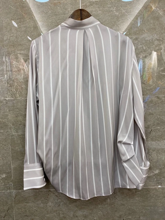 

2020 autumn and winter new fashion women's neckline tie knotted decorative striped long-sleeved all-match shirt 1120