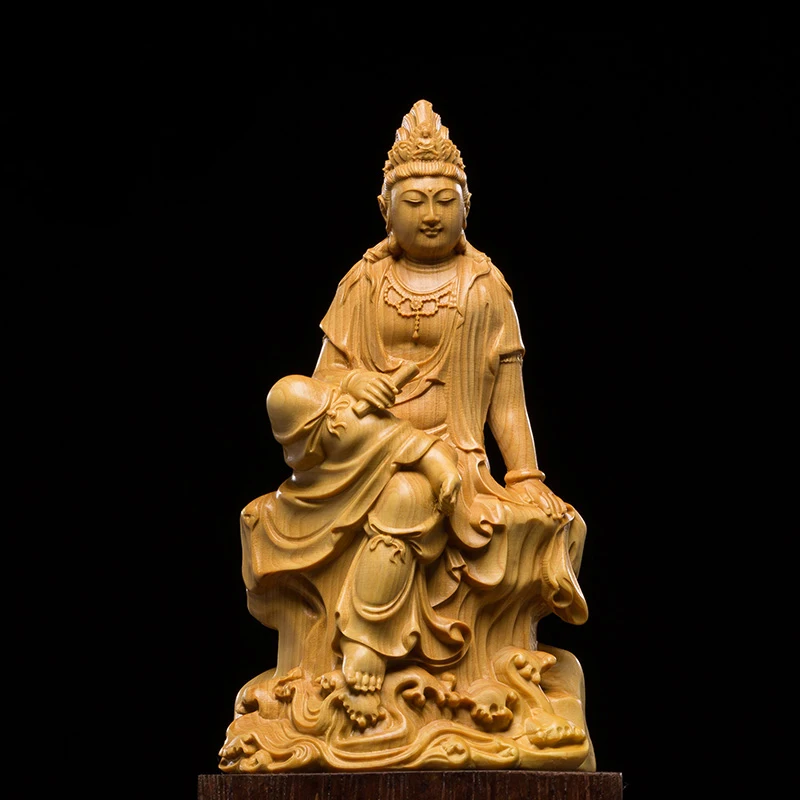 

13.5CM Scripture Guanyin Exquisite Japan Carving Buddha Statue of God Craft Guanyin Feng Shui Decoration Wood Home Decoration