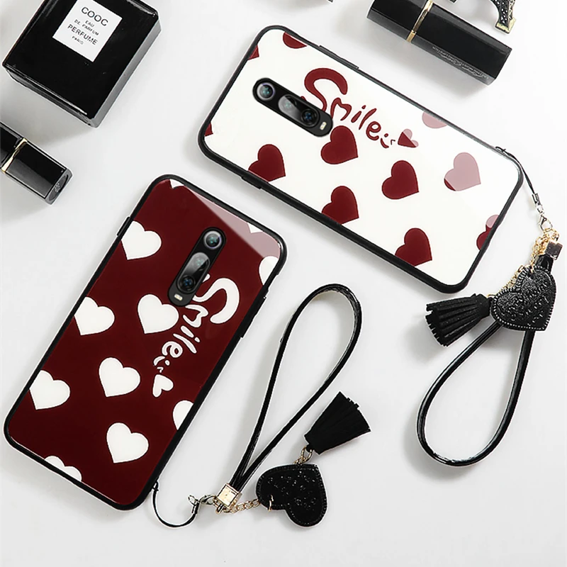 

Case & Strap For OPPO F11 F7 F9 F5 phone Cases Smile red Heart Tempered Glass Hard back Cover For OPPO F11 Pro f5 f7 f9 case