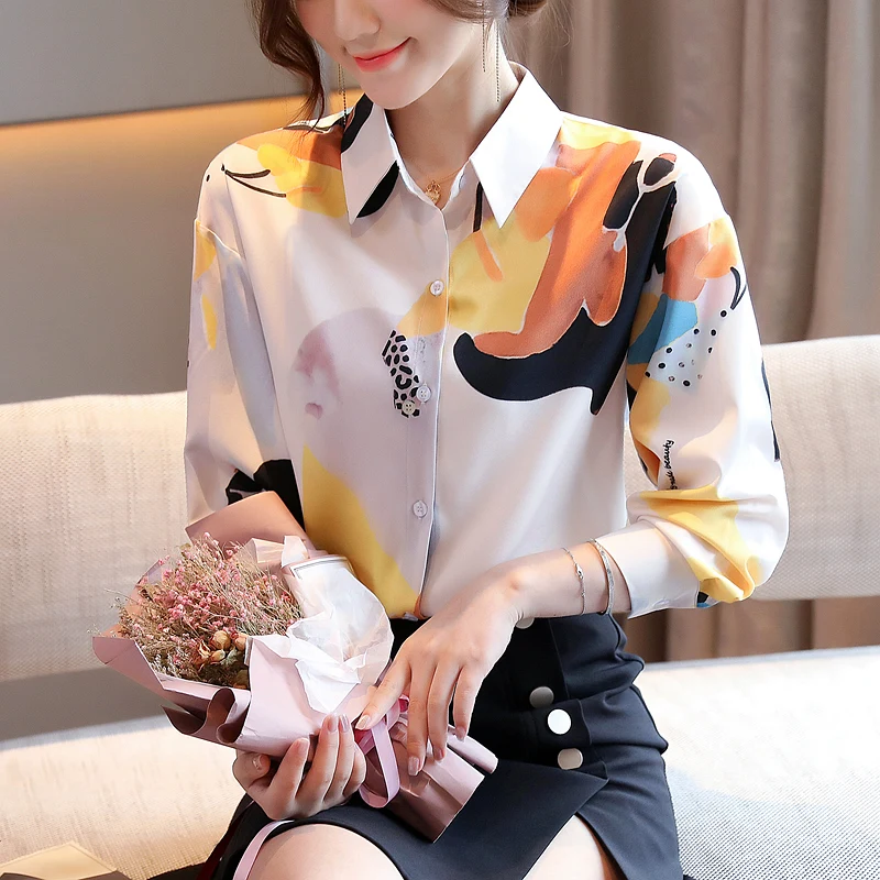 

Fashion Print Women Blouses Long Sleeve Korean OL Office Chiffon Blouse Women Shirts 2020 New Plus Szie Women Tops Camisas Mujer
