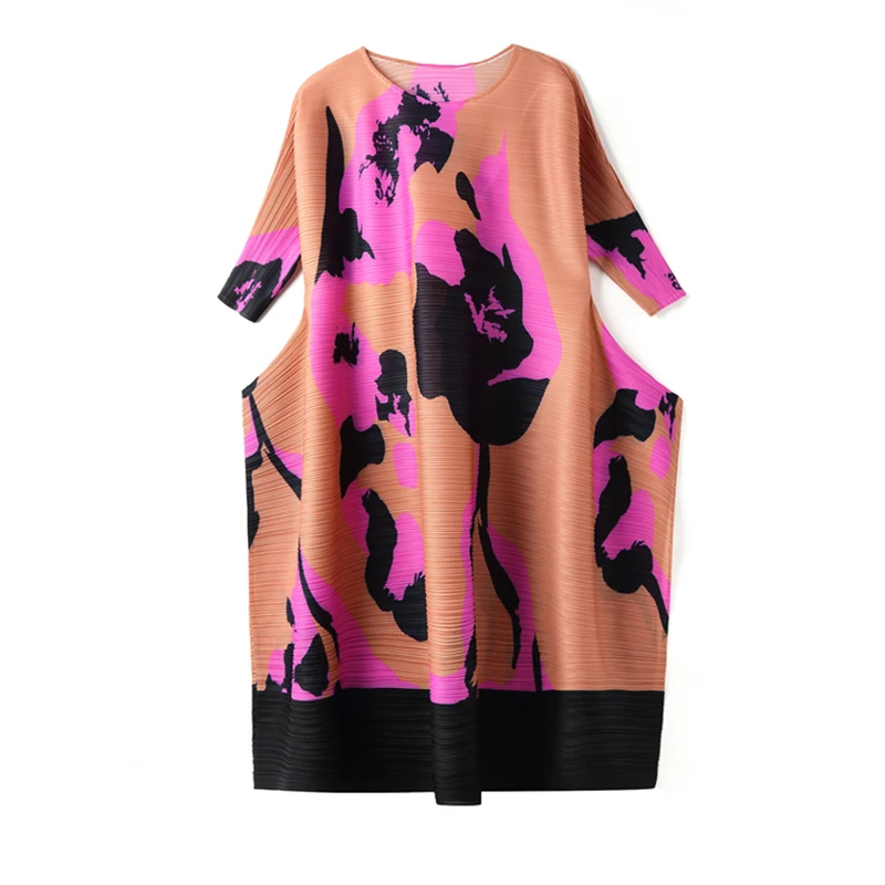 

CHICEVER Purple Ruched Dress For Women O Neck Half Sleeve Knee Length Loose Oversized Dresses Female 2021 Summer Clothes Tide