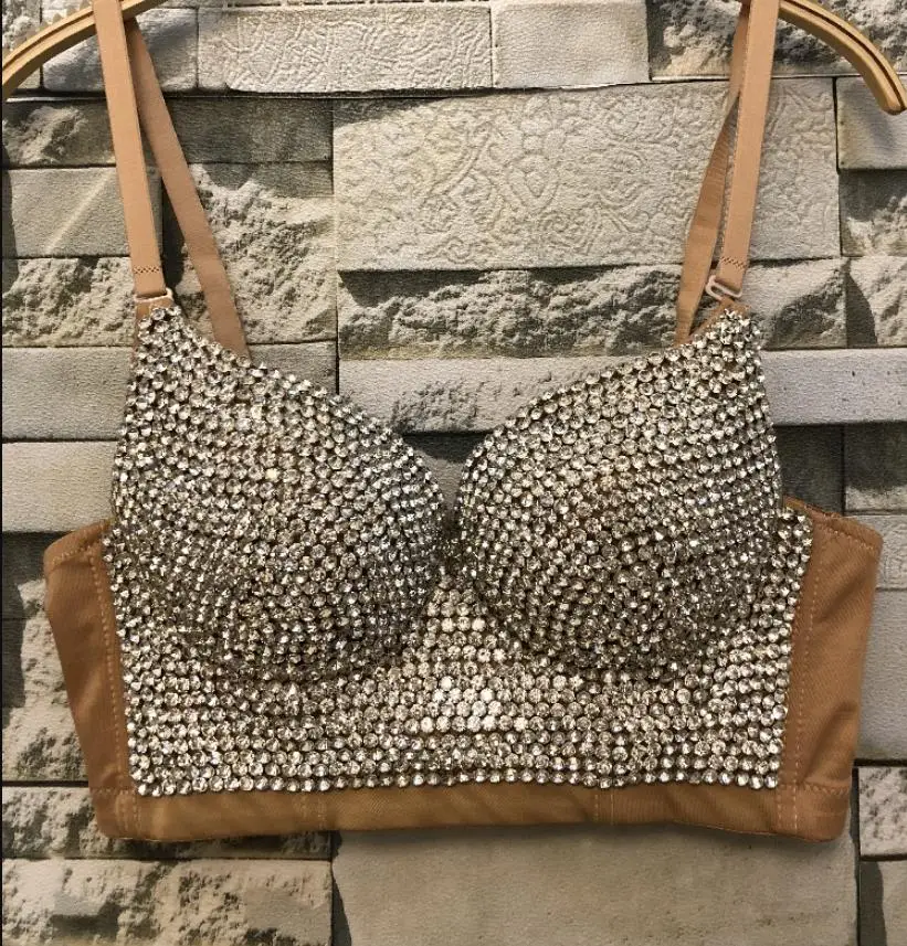 Plus Size High quality Hand-made Pearls Jewel Diamond beading Women's Sexy Bustier Bra Cropped sling Top Vest Bra bling