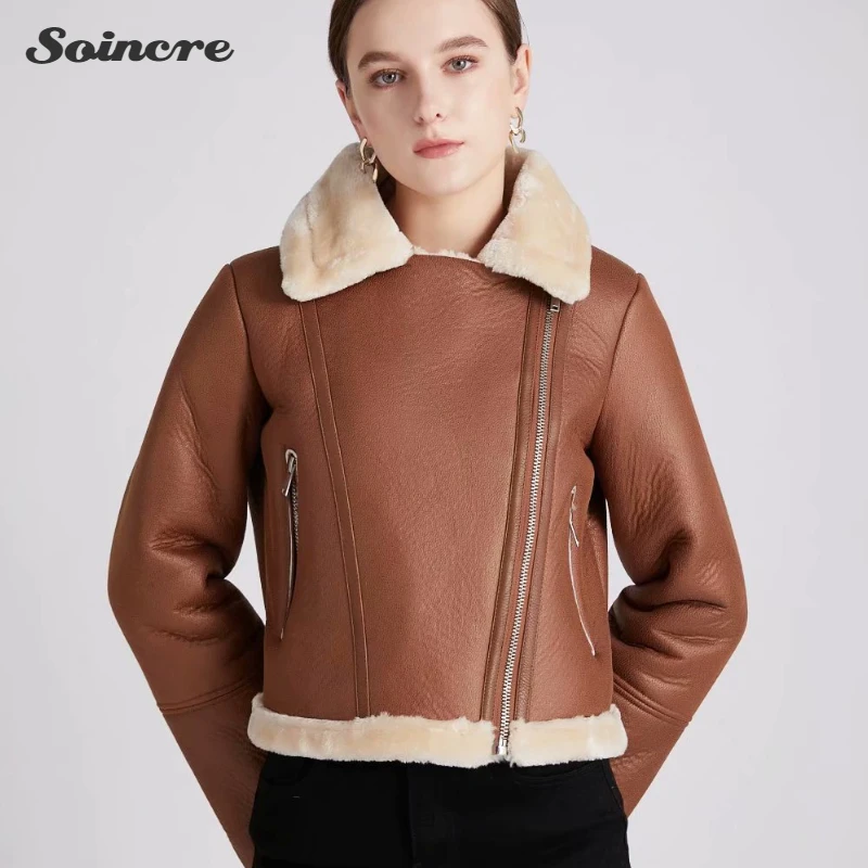 

Leather Jacket Coat Vintage Women Cropped Fashion Thick Warm Fur Faux Long Sleeve Female Outerwear Chic Tops Winter Clothes