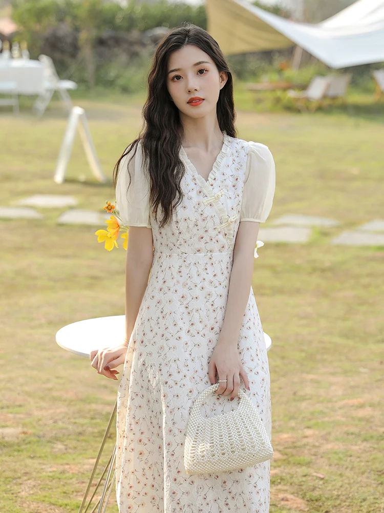 

Long A-line Skirt Longuette Female Summer Gentle Wind Retro V-neck Puff Sleeve Improved Cheongsam Floral Dress New