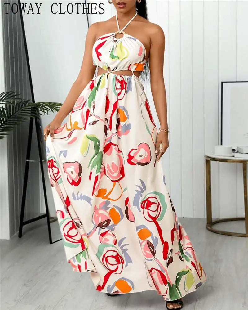Женское платье без рукавов, Платье макси с лямкой на шее и цветными вставками, элегантное платье в стиле бохо для отпуска, 2022