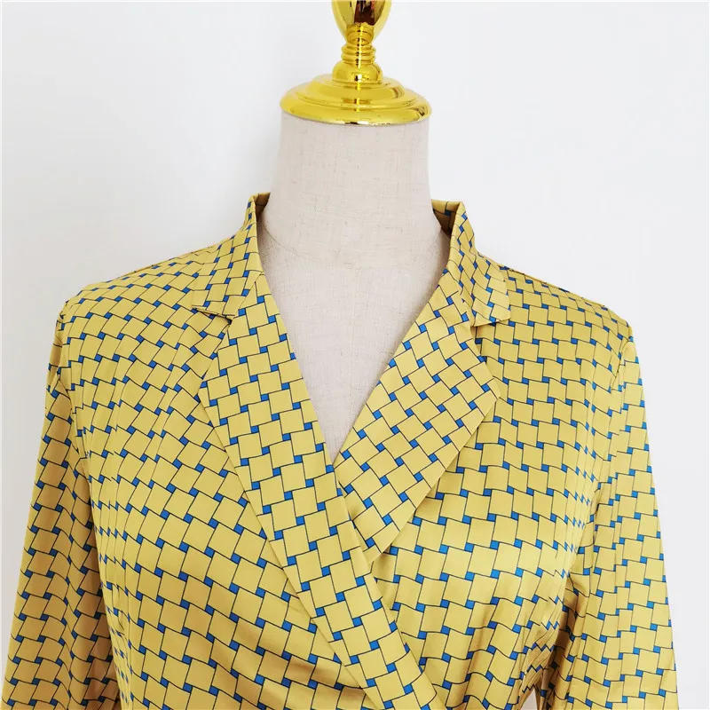 Женская Асимметричная блузка желтая Блузка в клетку с отложным воротником и