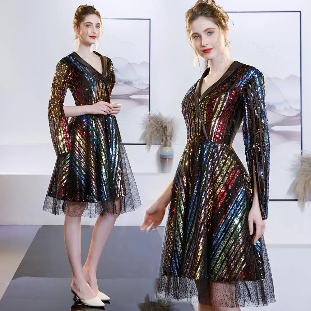

sleeve New Sequin Split mesh elegant black dress