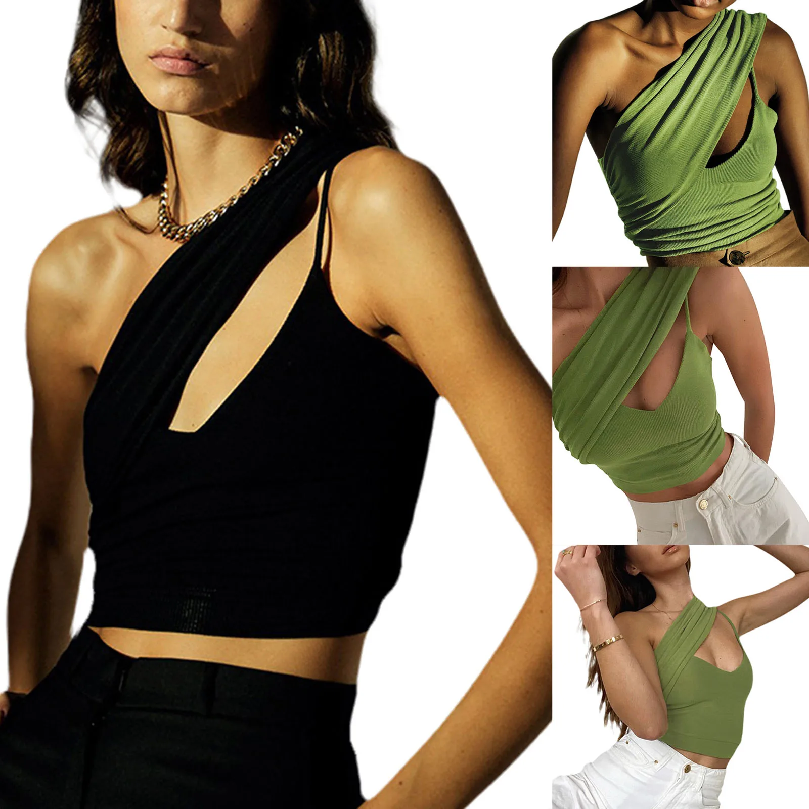 

Women Close-fitting One-shoulder Camisole, Solid Color V-neck Sleeveless Crop Tops, Black/ Green
