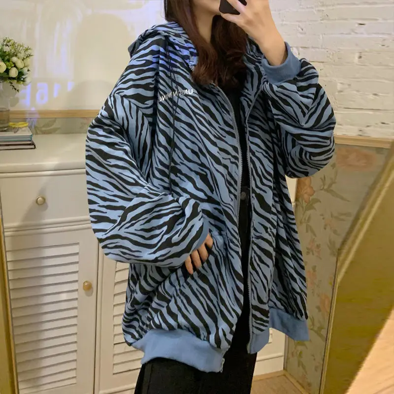 

Women's Hoodies Zebra-stripe Long Sleeves Cotton Zipper Loose Casual Coat Wholesale Winter 2022 New Fashion Female Clothes
