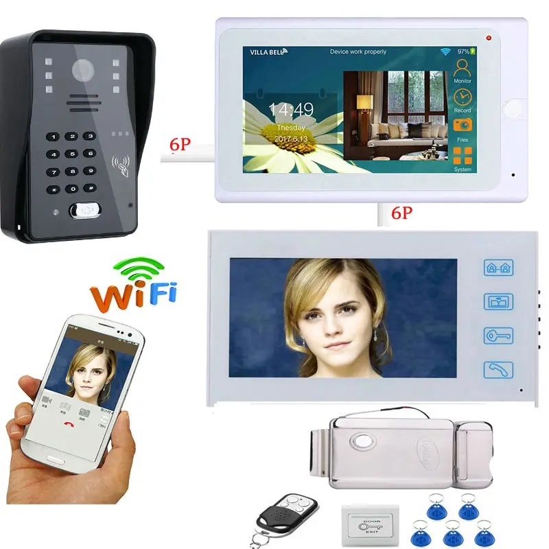 

SmartYIBA IR Night Vision WIFI Video Intercom 2 Monitors Kits Password Unlock Doorphone12V Power Supply Electronic Lock System