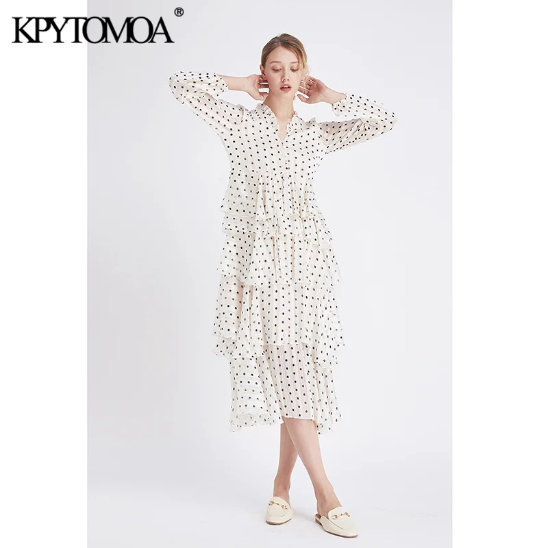 Женское винтажное платье макси с оборками в горошек v образным вырезом и длинным