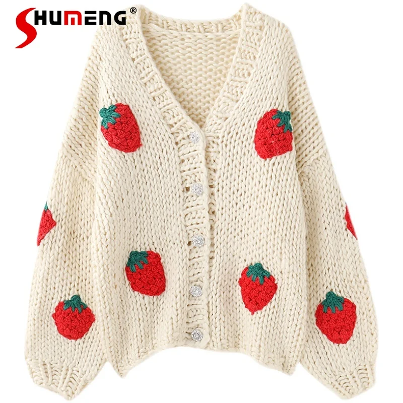 

Женское вязаное пальто с клубничной вышивкой и V-образным вырезом, Осень-зима 2021, женский модный милый свободный свитер без отделки, кардига...