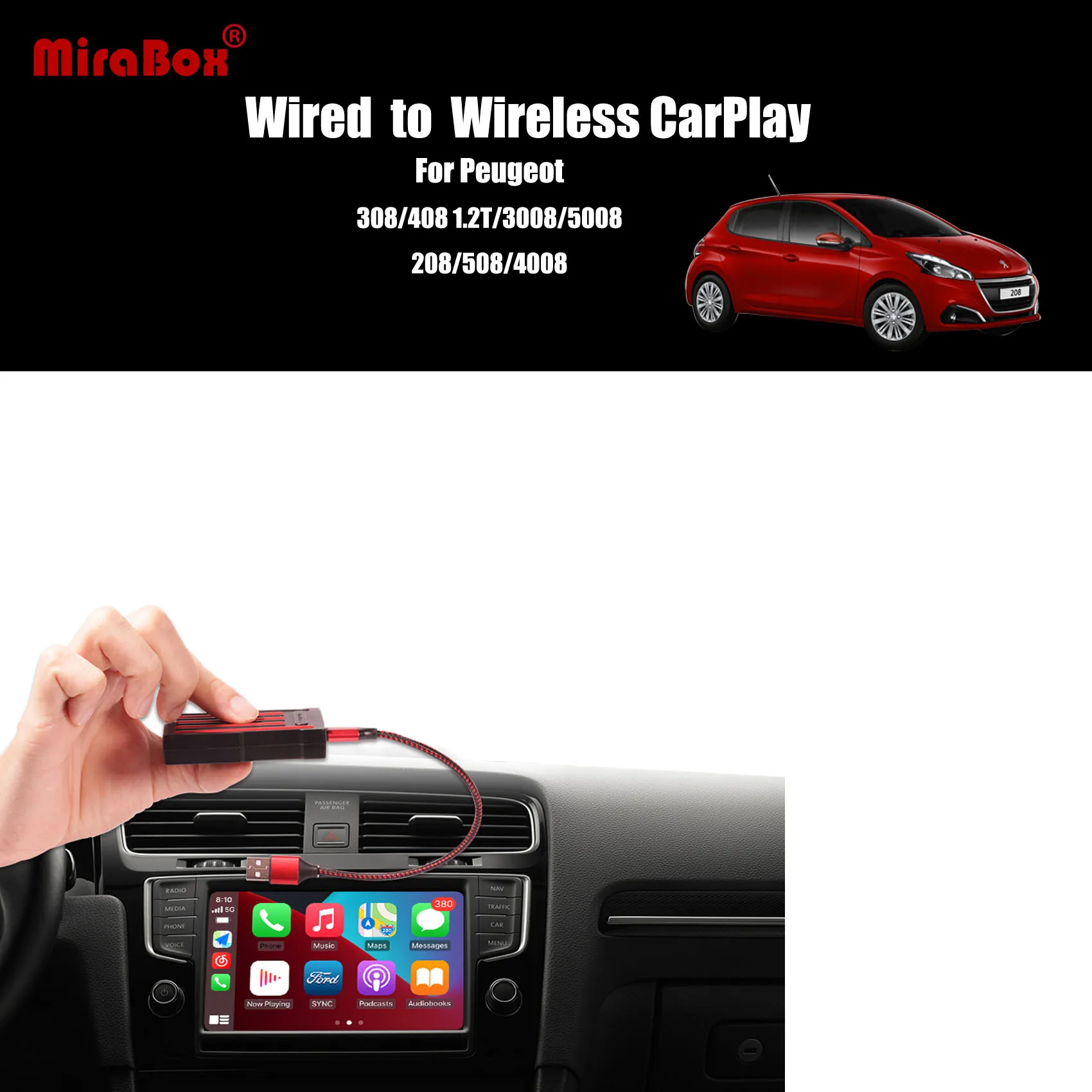 

Беспроводной USB-ключ MiraBox для Apple Carplay, USB-адаптер для CarPlay для Peugeot 308/408 1,2 T/508/3008/4008/5008