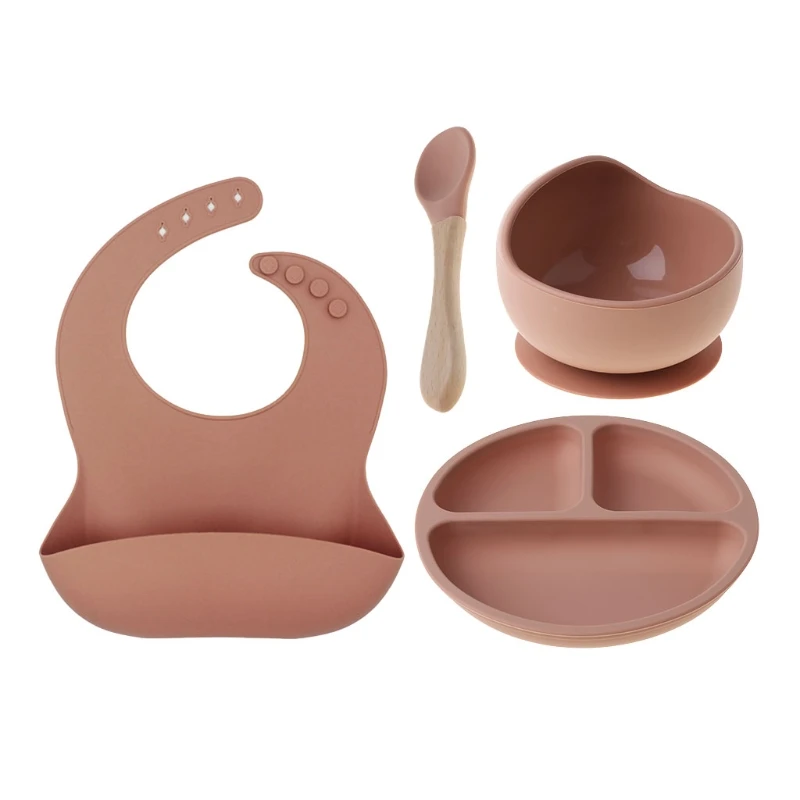 

4pcs/set BPA Free Baby Silicone Tableware Waterproof Bib Solid Color Dinner Plate Sucker Bowl And Spoon For Children
