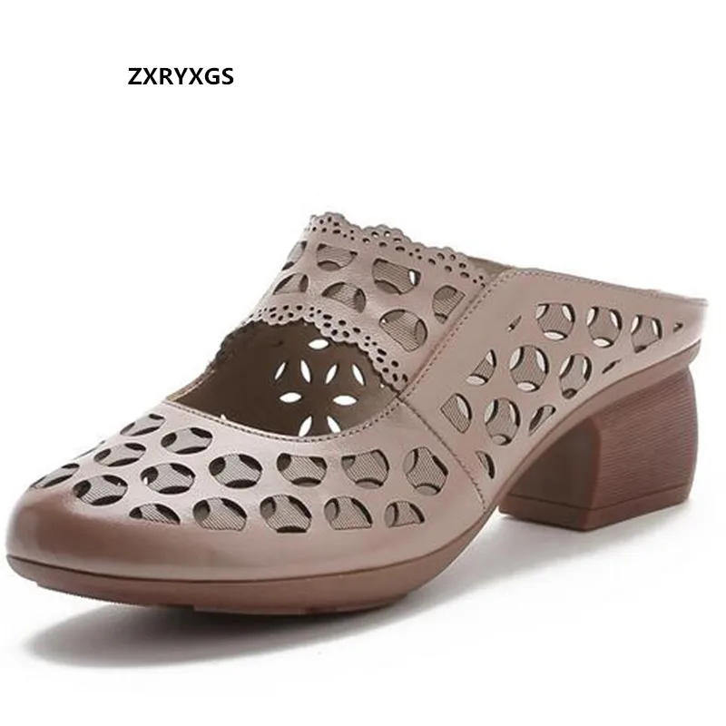 Женские босоножки из натуральной кожи с перфорацией на толстом каблуке | Обувь