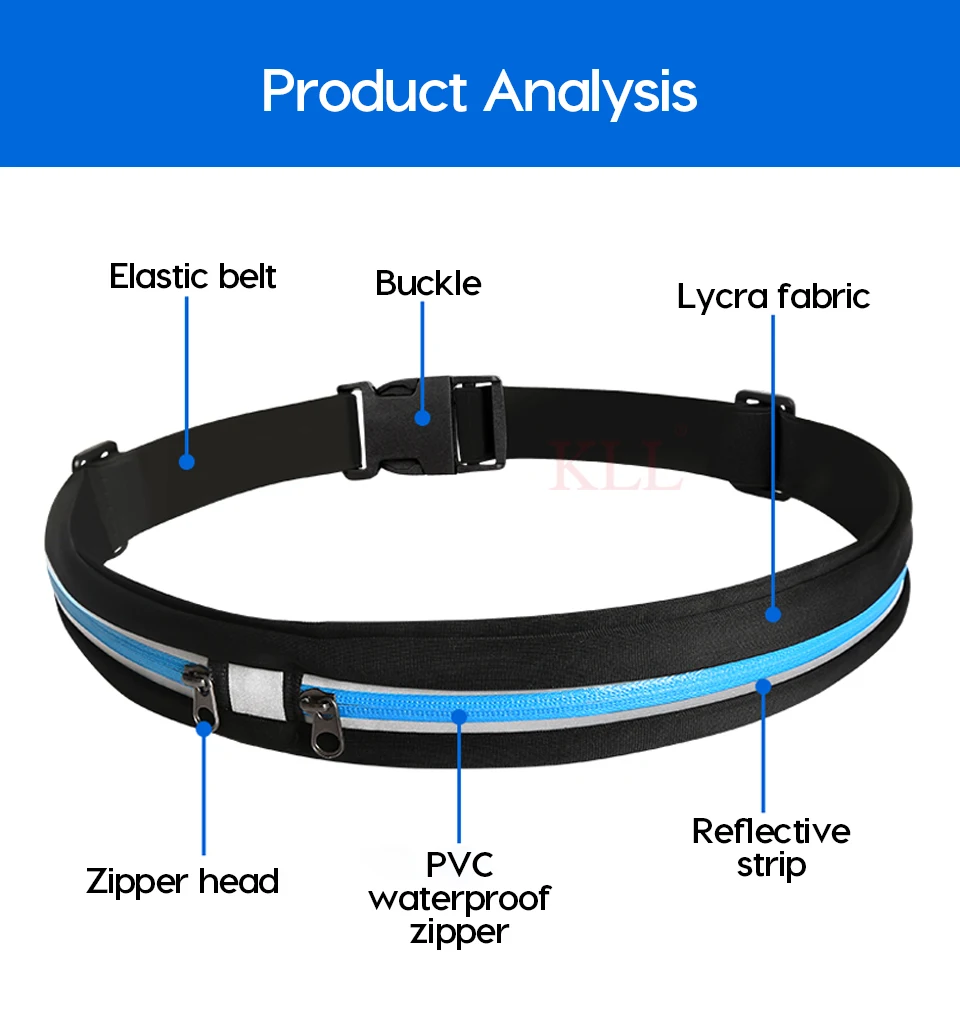 Sports Running Belt Slim Waist Pocket Belt Outdoor Dual Pouch 2 Pockets Sweatproof Reflective Waist Pack Fitness Workout Bag