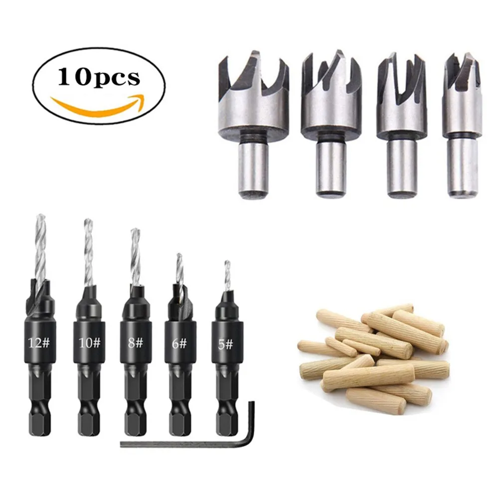 

HSS Countersink Drill Bit Hex Wrench Pack Tool Wood Plug Hole Cutter Woodwork