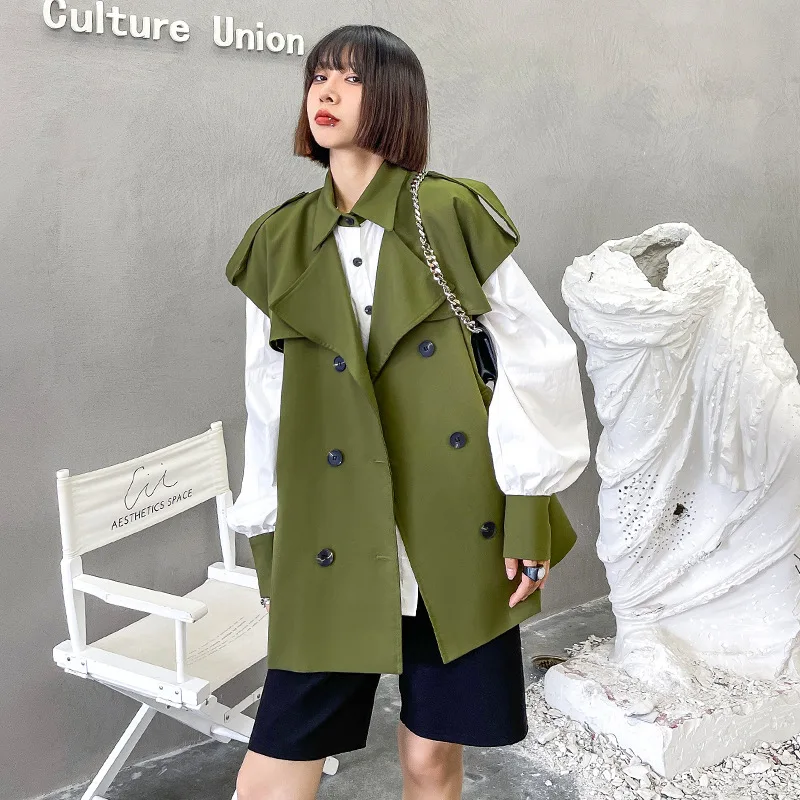 

SuerAen 2021 Autumn New Loose Slim Patchwork Full Shirt Double Breasted Windbreaker Two-piece Set Blazer Women