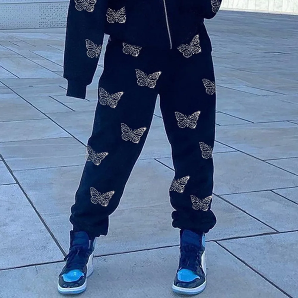 

Oeak Y2K Streetwear Hippie Sweatpants Butterfly Diamond Patches Harajuku Trousers Female Elastic High Waist Baggy Joggers