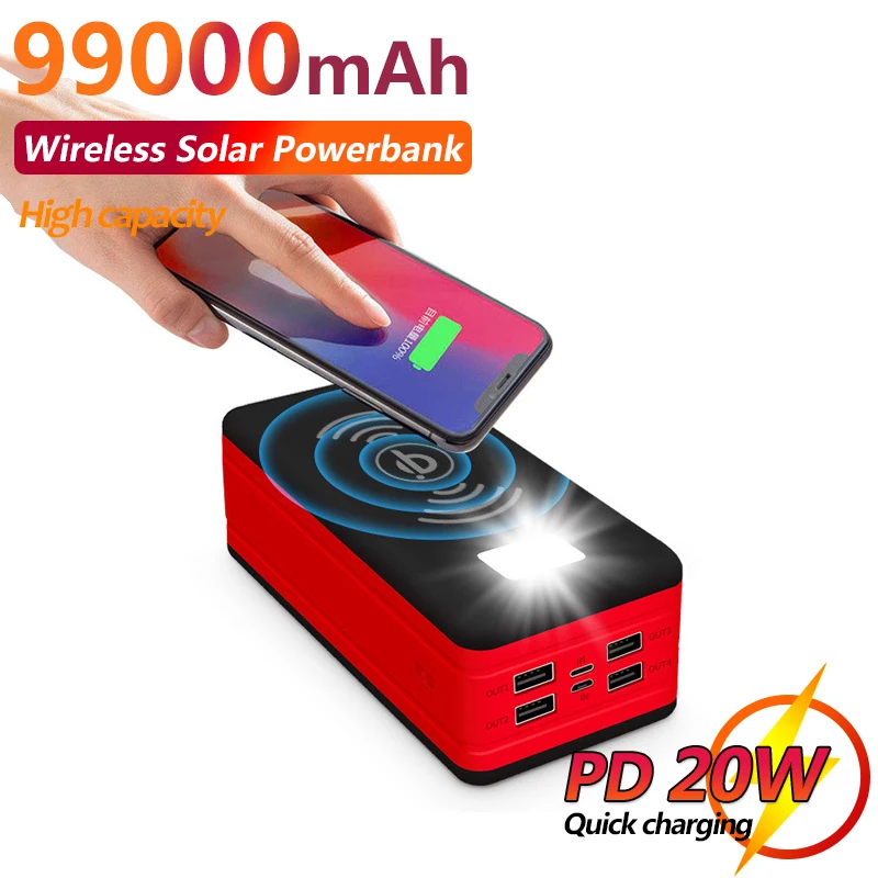 

99000mAh Wireless Solar Charger Power Bank with Camping Light Emergency SOS Portable Fast Charging External Battery