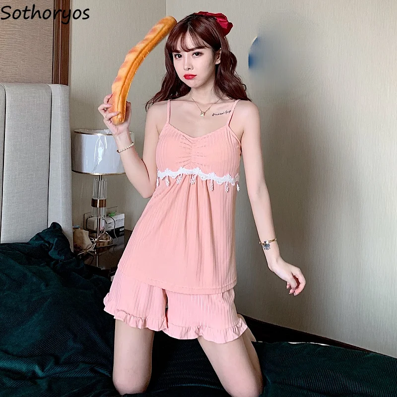 

Pajama Sets Women Sleep Tops Sleepwear Lounge Wear Sexy Nightwear Sleeveless Top Shorts Two Piece Set Summer Loose Sweet Korean