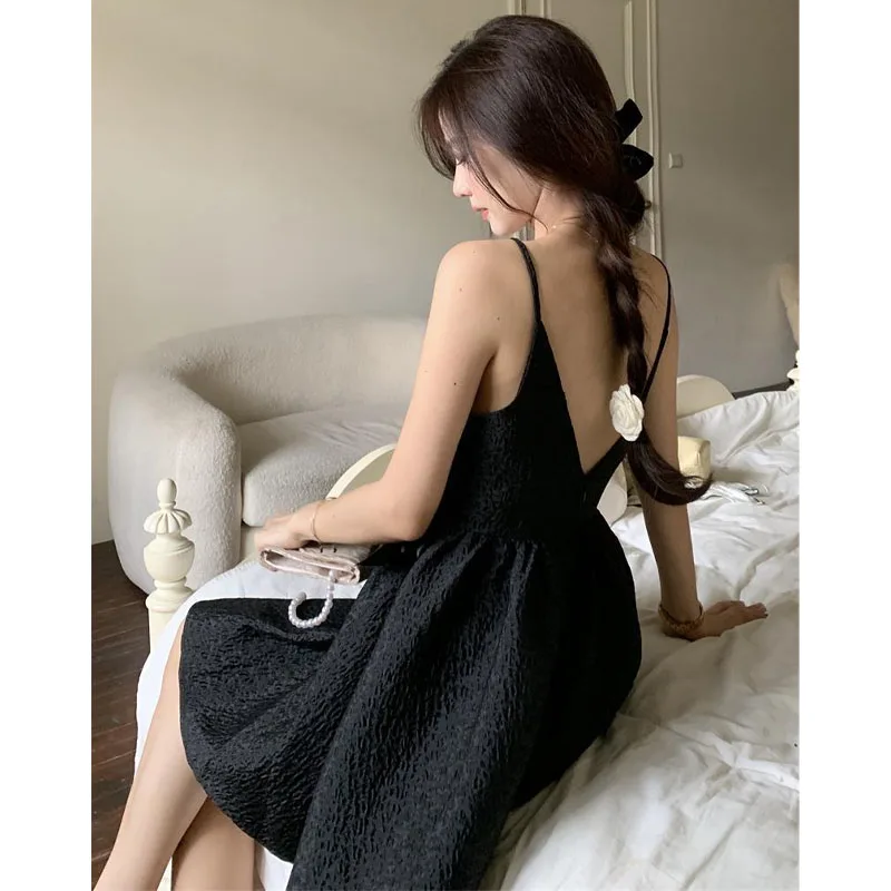 

Sexy Backless Strap Dress Women Designer Bow Vintage French Elegant Mini Dress Female Casual One-piece Dress Korean Summer 2021