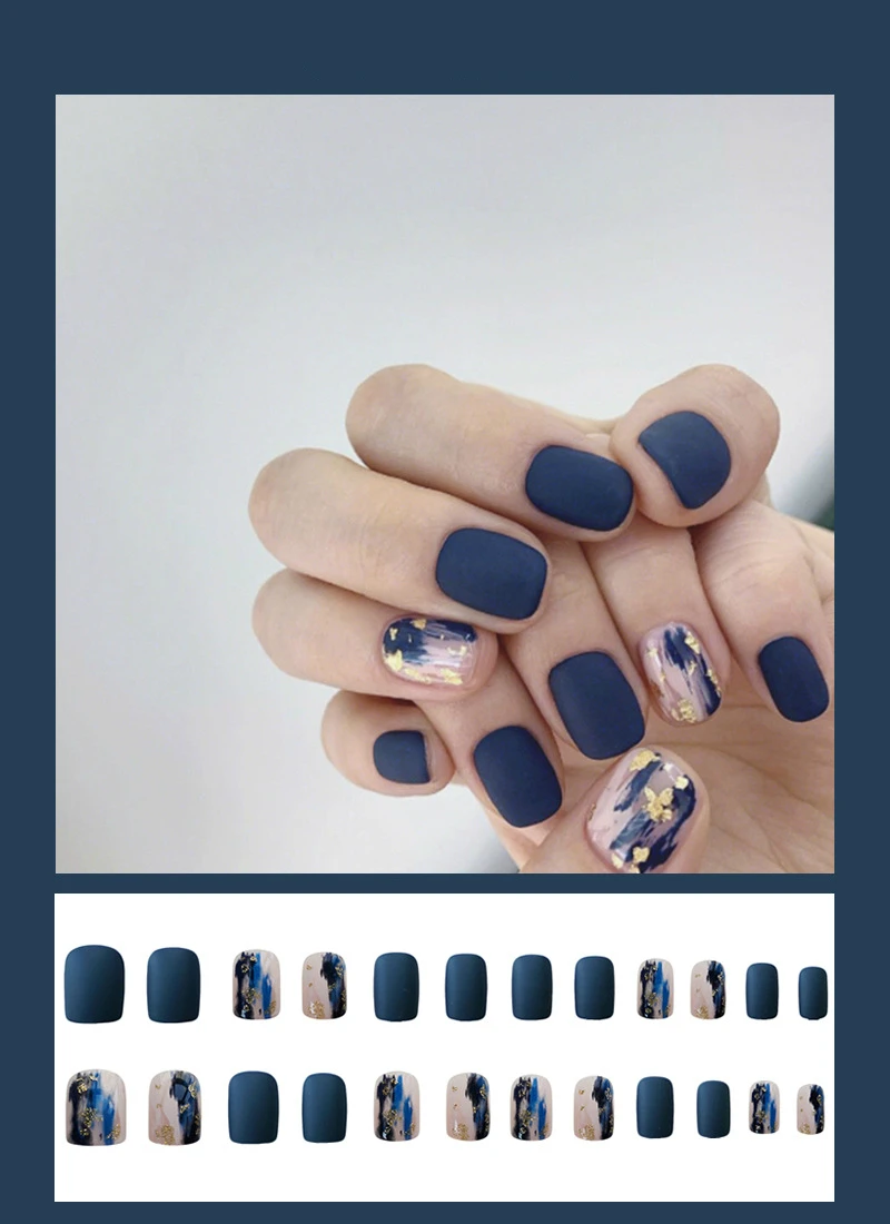 

24pcs Acrylic Fake Nail with Glue Shinning Surface Purple Blue Short Square False Nail Art Decoration Accessories Press on Nails