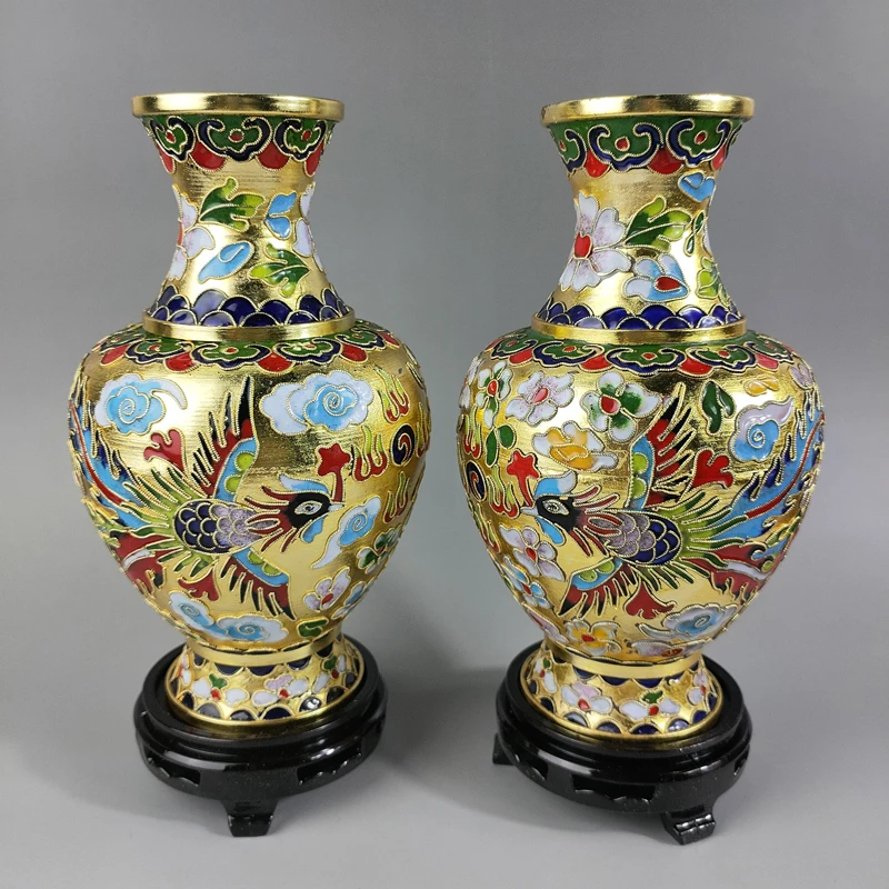 

A Pair of Exquisite Chinese Traditional Handicraft Collection Home Decoration Cloisonne Dragon Phoenix Auspicious Designs Vases