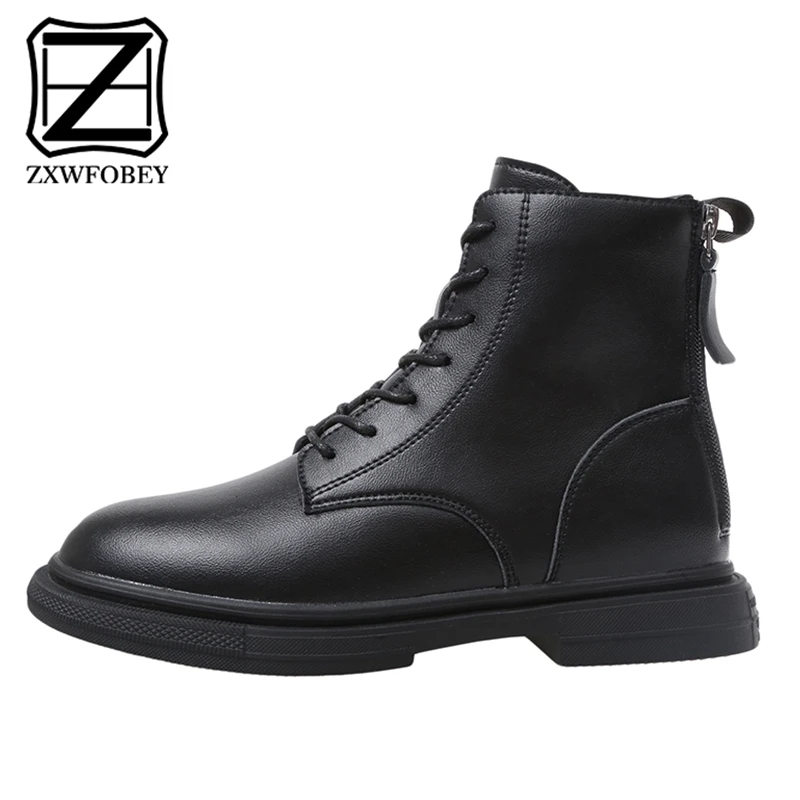 

ZXWFOBEY Punk Martin Boots Women Lace-up Black Womens Winter Shoes Flat Ankle Rubber Women's Winter Shoes Platform Black Leather
