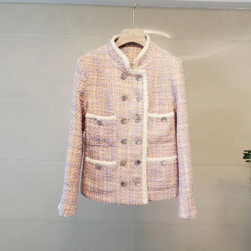 Женская твидовая куртка желтая двубортная шерстяная в клетку со стразами