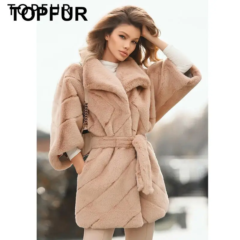 Пальто с длинным кроличьим мехом TOPFUR однотонное пальто рукавом летучая мышь